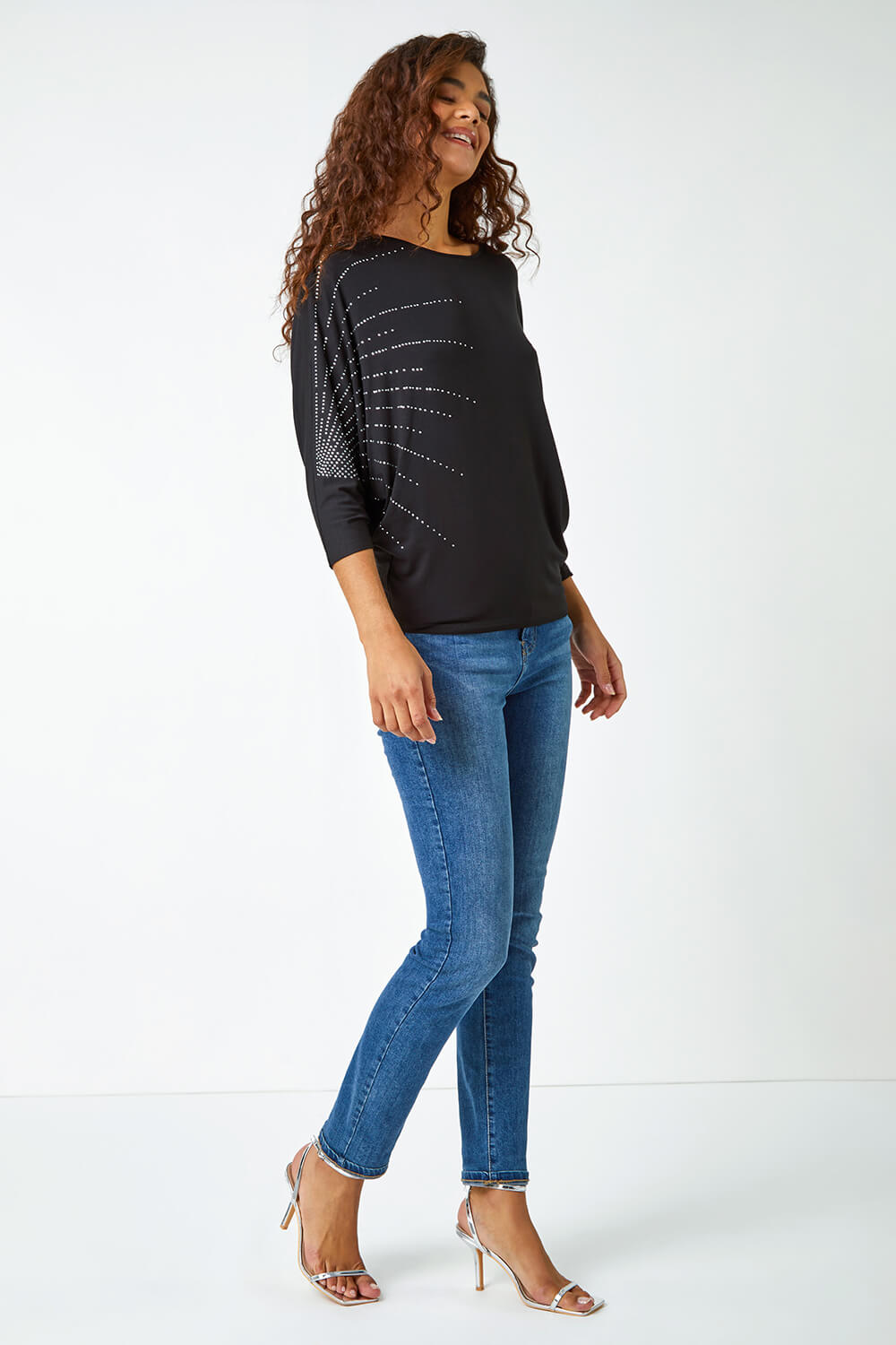 Black Embellished Relaxed Stretch Top, Image 2 of 5