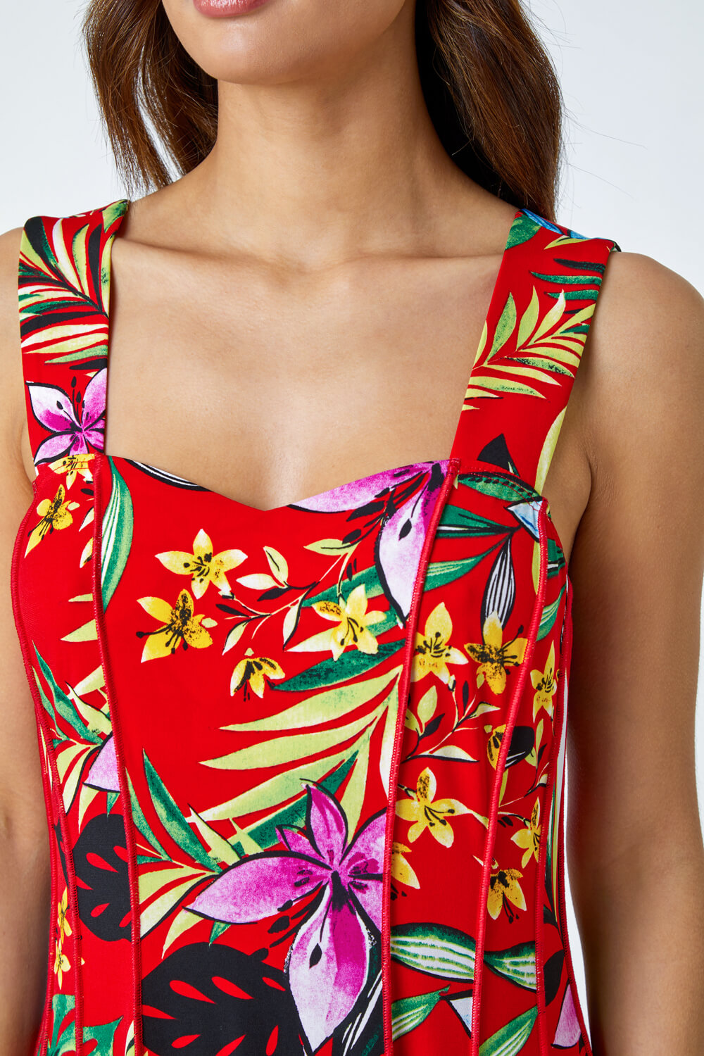 Red Sleeveless Floral Panel Stretch Dress , Image 5 of 5