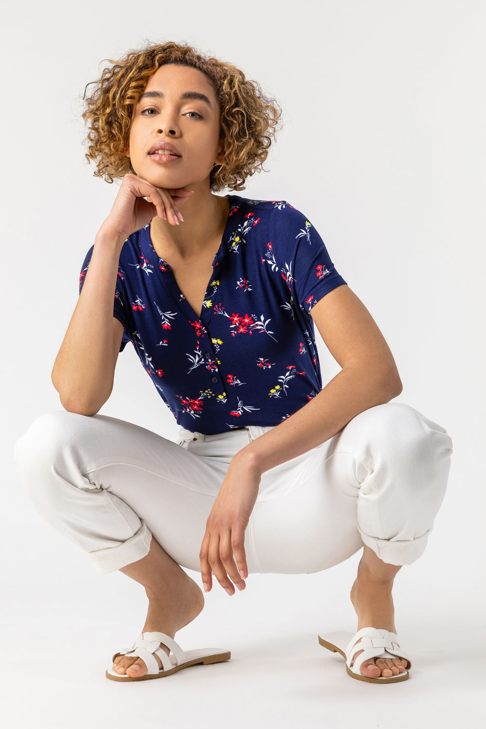 Navy  Floral Button Front T-Shirt, Image 5 of 5