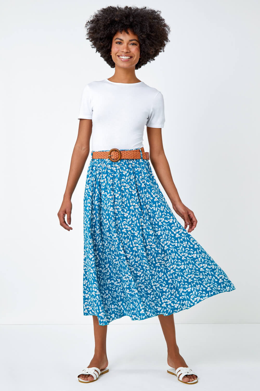 Petrol Blue Ditsy Floral Print Belted Midi Skirt, Image 5 of 5