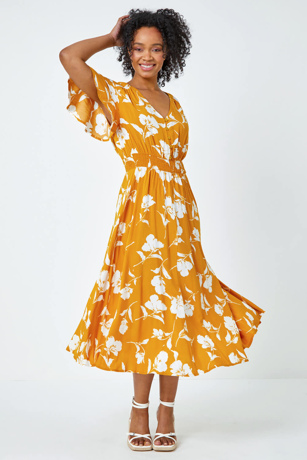 Yellow Petite Floral Print Shirred Midi Dress, Image 2 of 5
