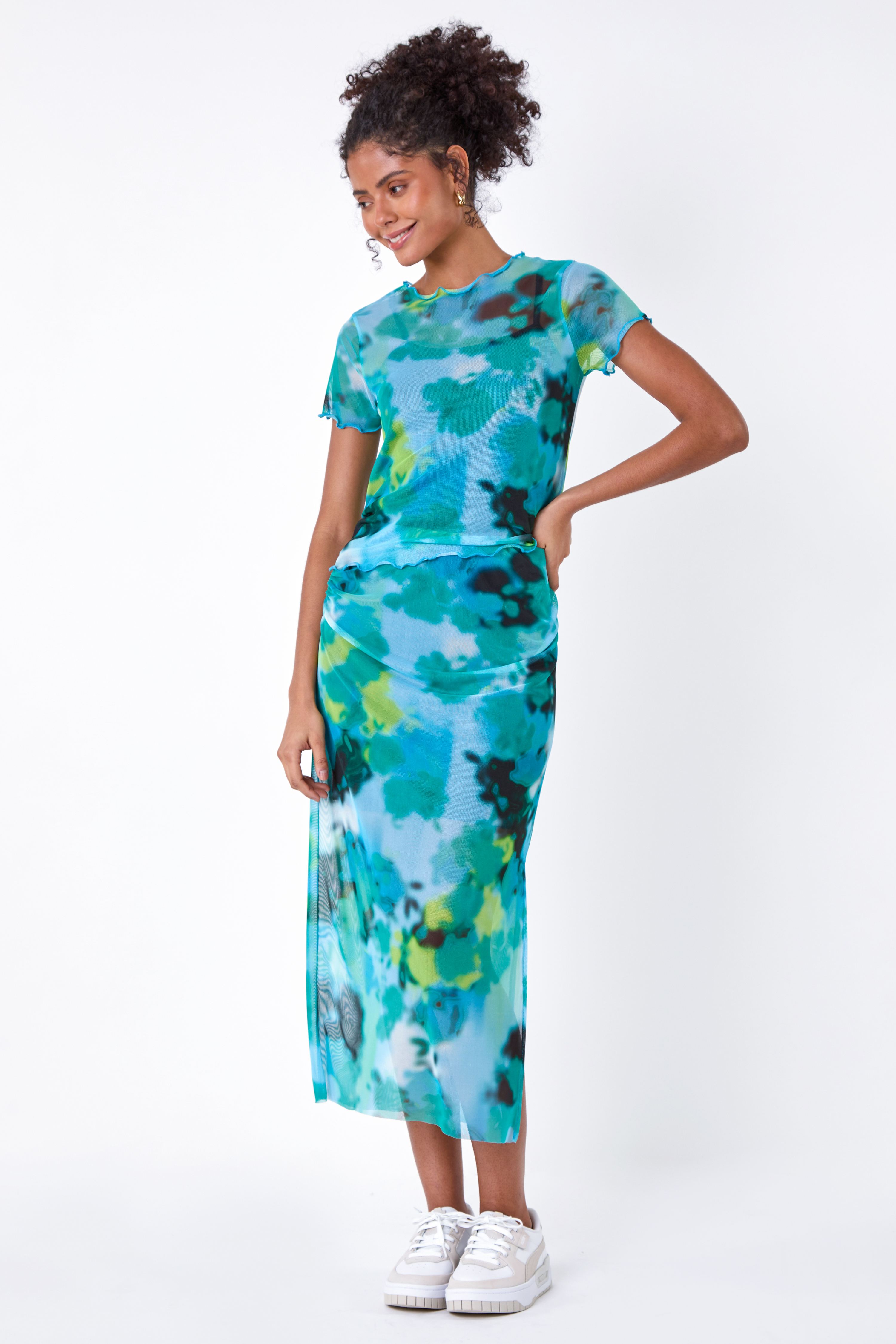 Blue Abstract Stretch Mesh Midi Skirt, Image 2 of 5