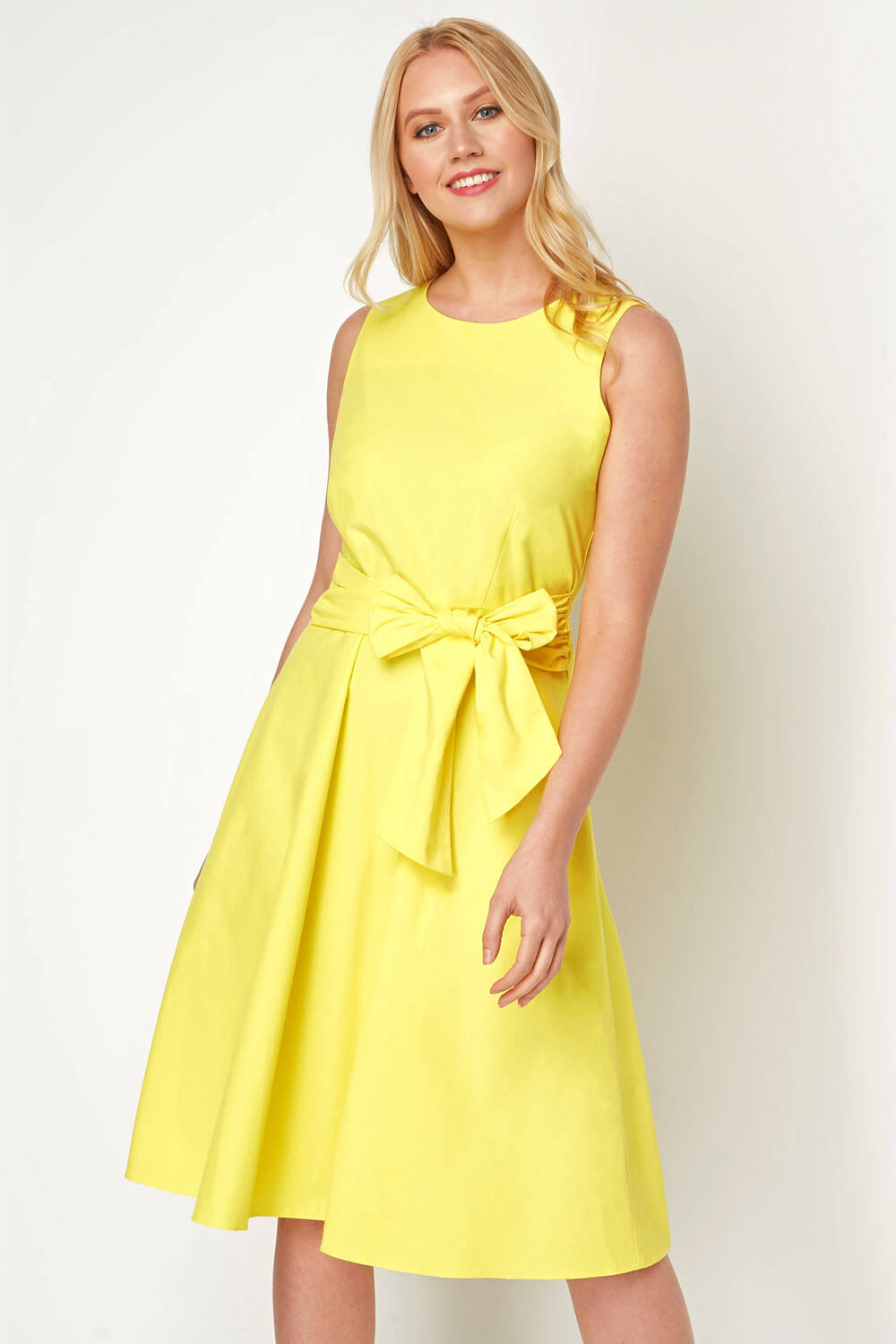 Cotton Tie Waist Midi Dress in Yellow 
