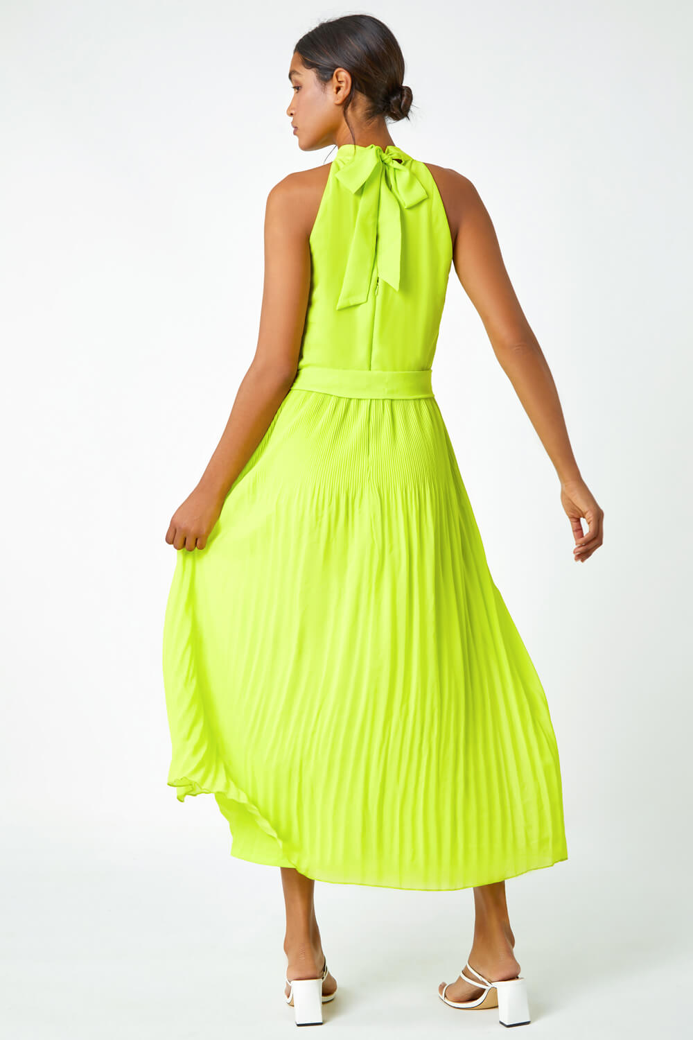 Lime Halterneck Pleated Maxi Dress, Image 3 of 5