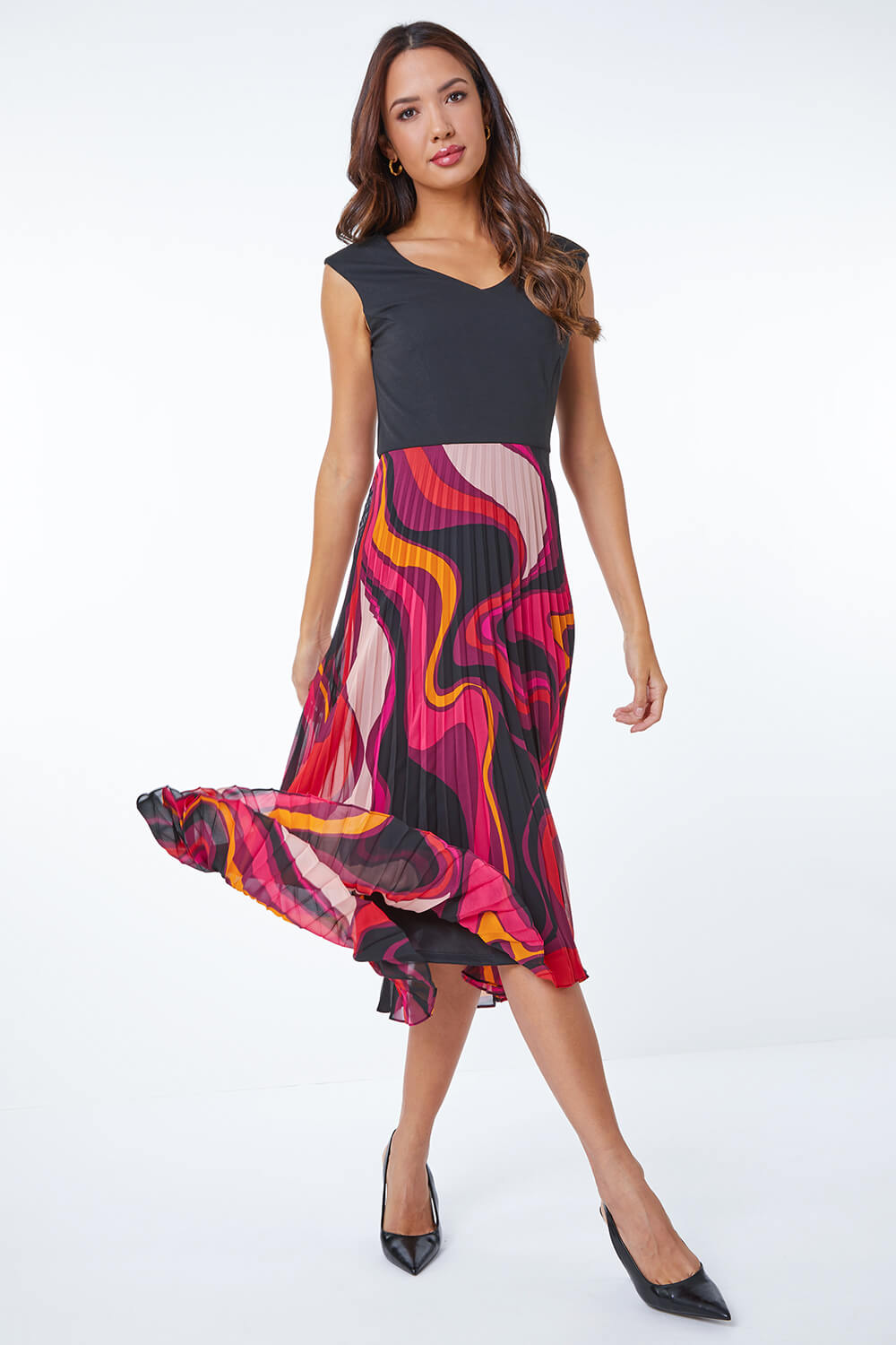 MAGENTA Swirl Print Pleated Midi Dress, Image 2 of 5