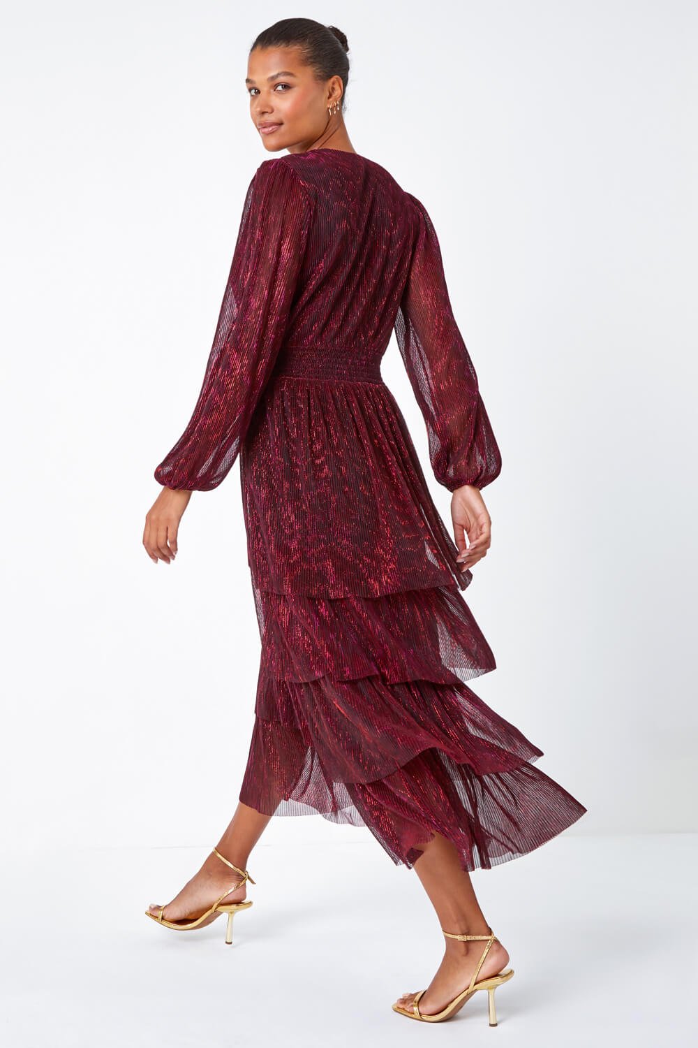 Wine Metallic Shirred Waist Tiered Midi Stretch Dress, Image 3 of 5