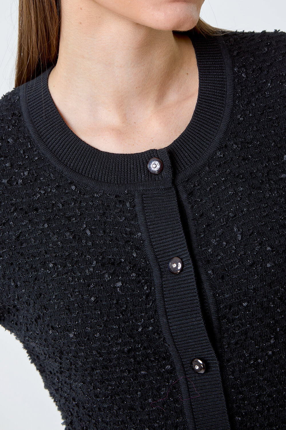 Black Fringe Detail Sparkle Button Cotton Cardigan, Image 5 of 5