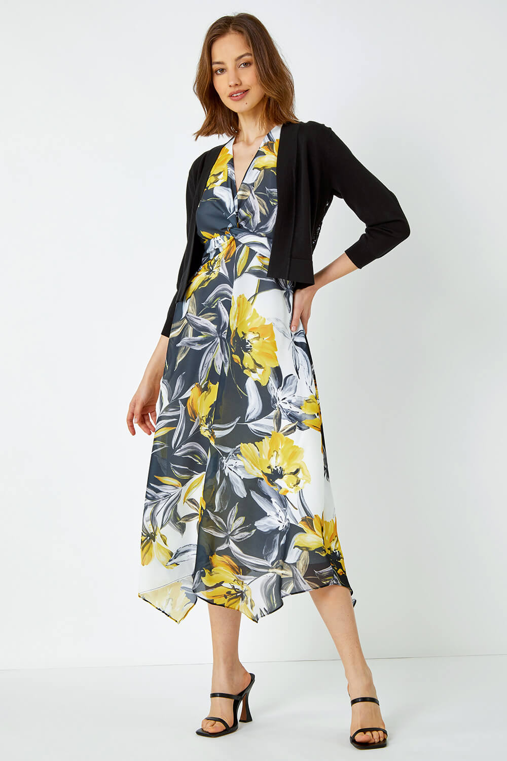 Yellow Floral Print Twist Front Midi Dress, Image 5 of 5