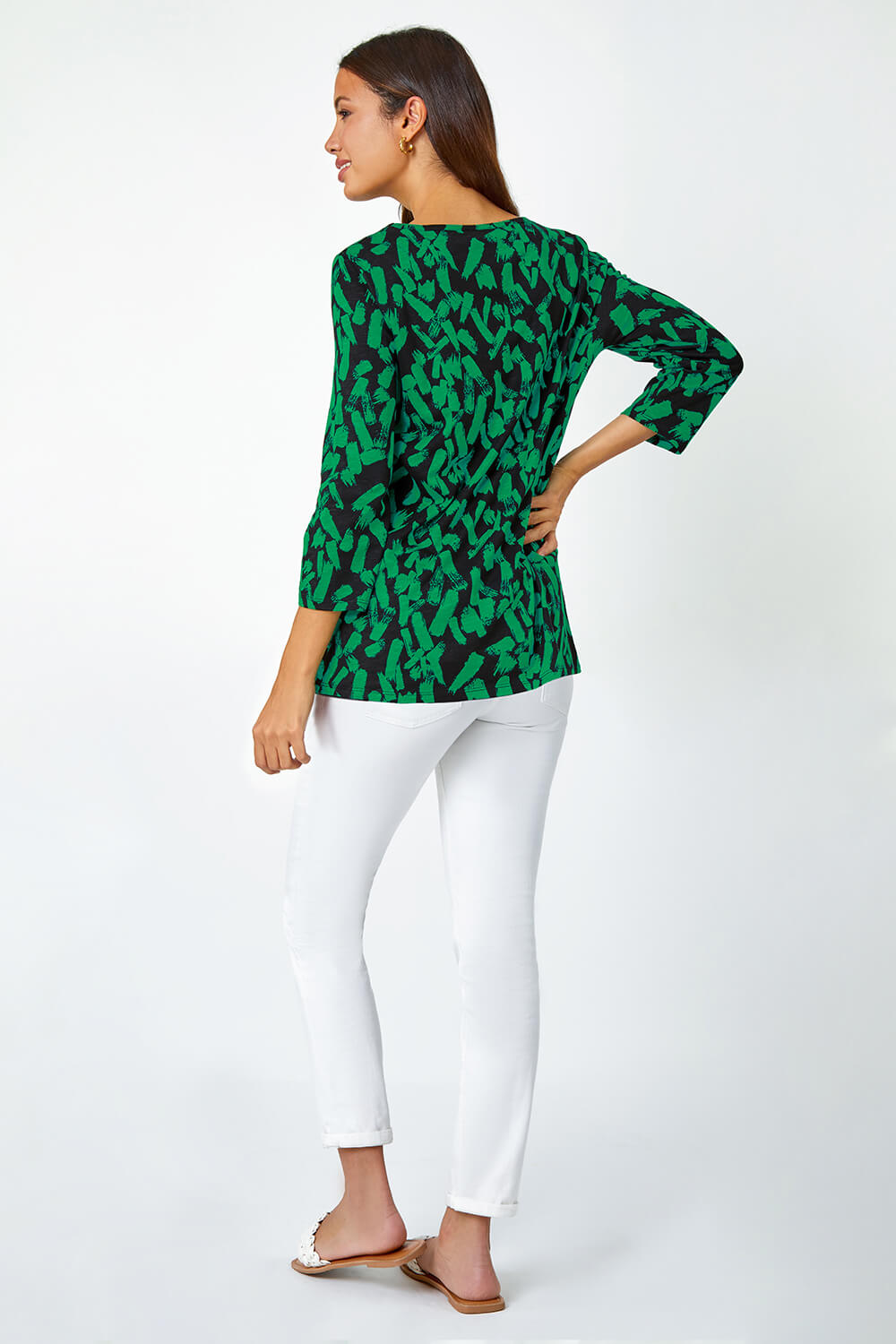 Green Cotton Abstract Print Pleated Top, Image 3 of 5