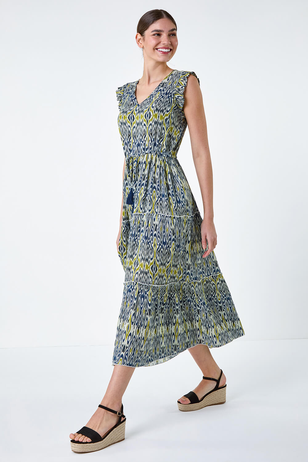 Navy  Aztec Frill Detail Tiered Maxi Dress, Image 2 of 5