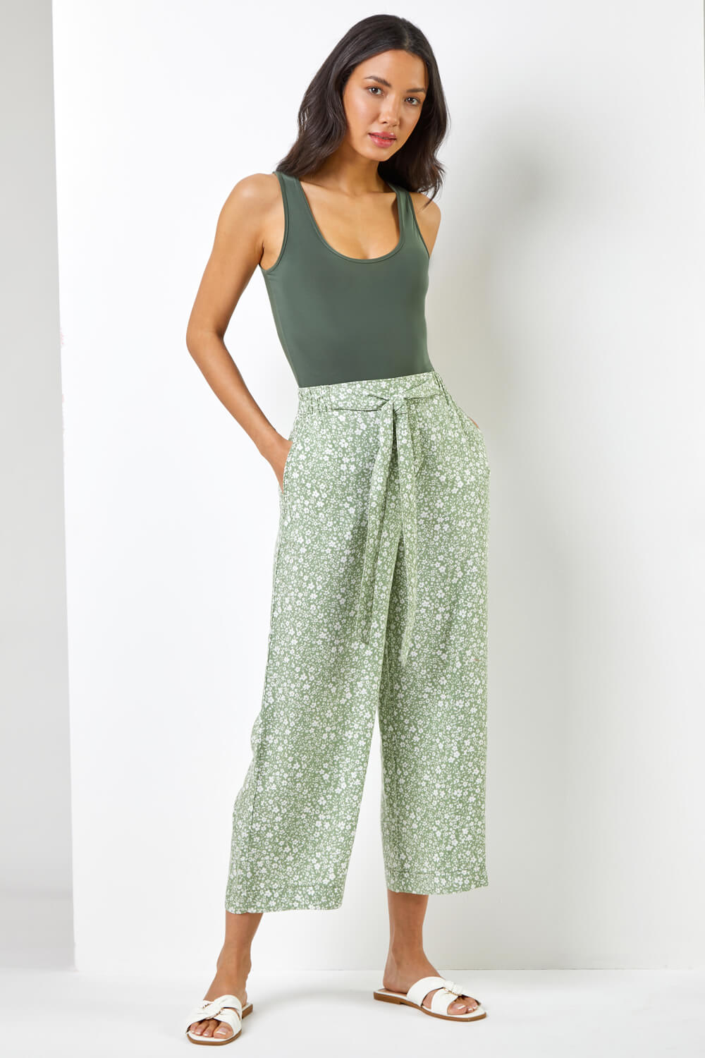 Sage Ditsy Floral Print Waist Tie Culottes, Image 4 of 5
