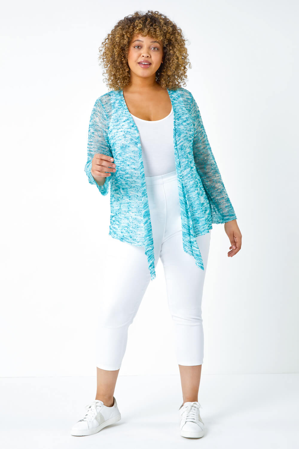Aqua Curve Knitted Waterfall Cardigan, Image 2 of 5