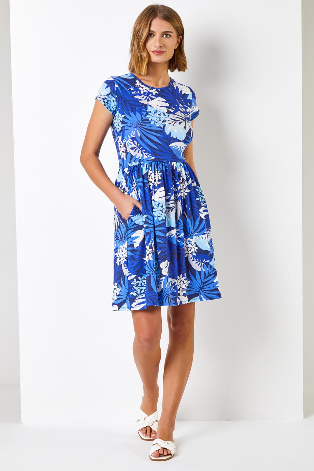 Royal Blue Floral Print Fit & Flare Dress, Image 3 of 4