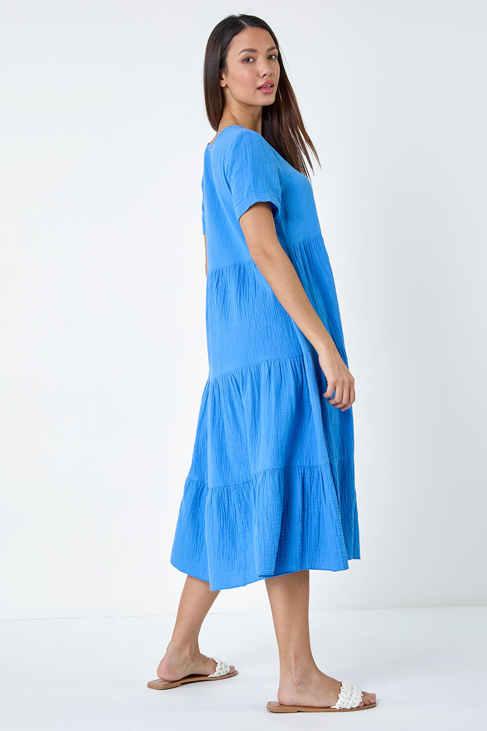 Blue Cotton Textured Tiered Midi Dress, Image 3 of 6