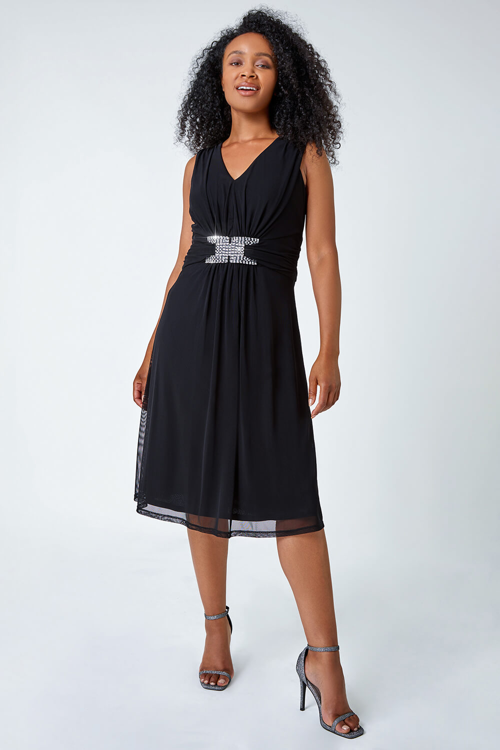 Black Petite Embellished Waist Stretch Dress, Image 2 of 5