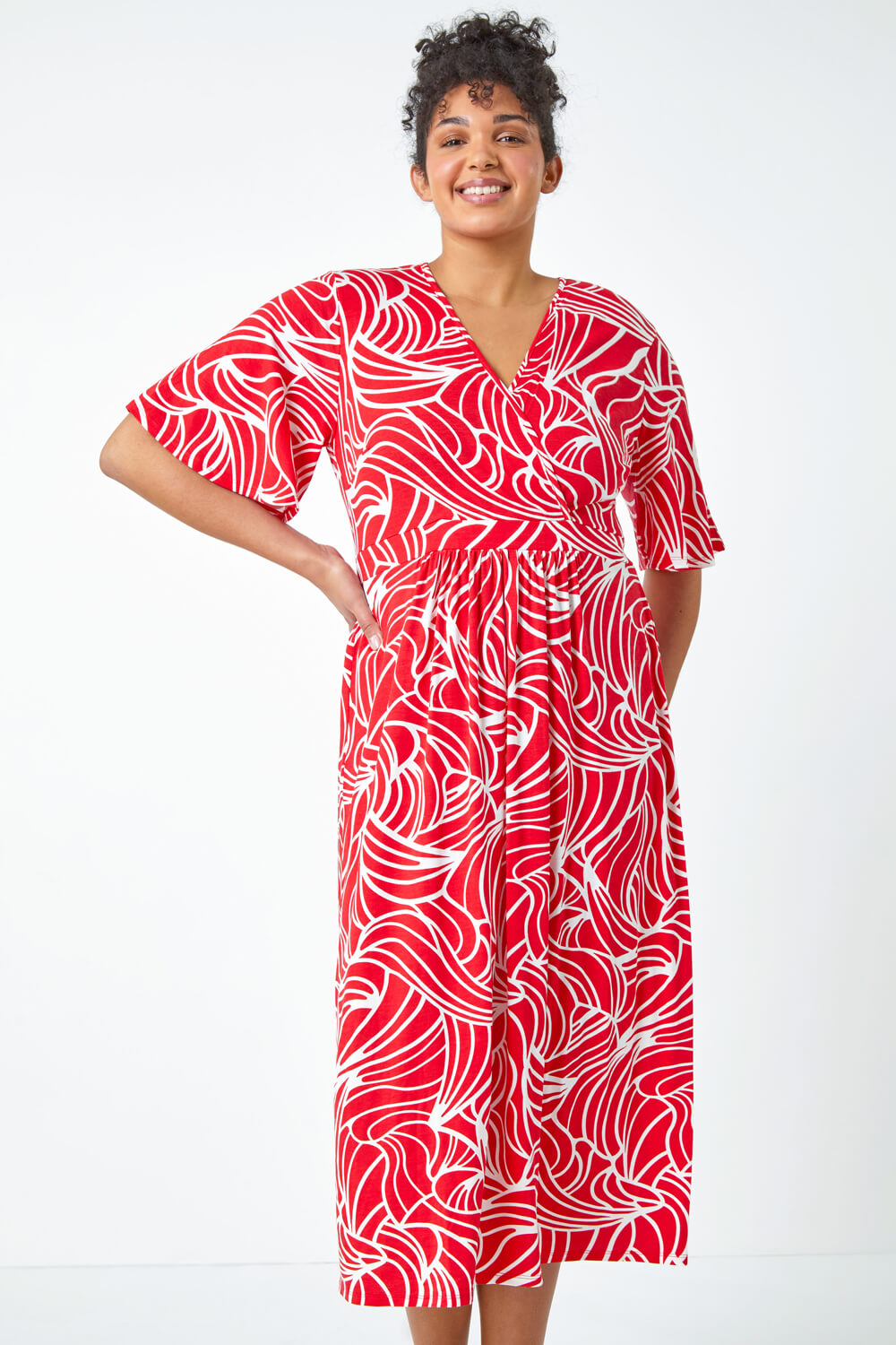 Red Curve Linear Print Midi Wrap Dress, Image 4 of 5