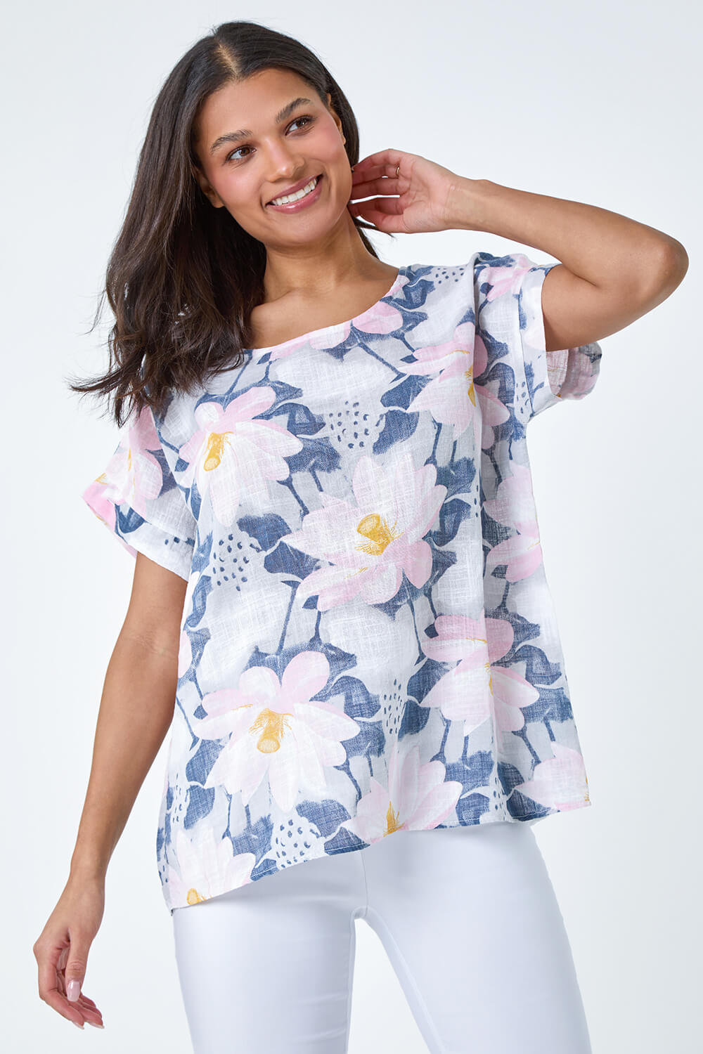 Blue Floral Print Cotton T-Shirt, Image 4 of 5