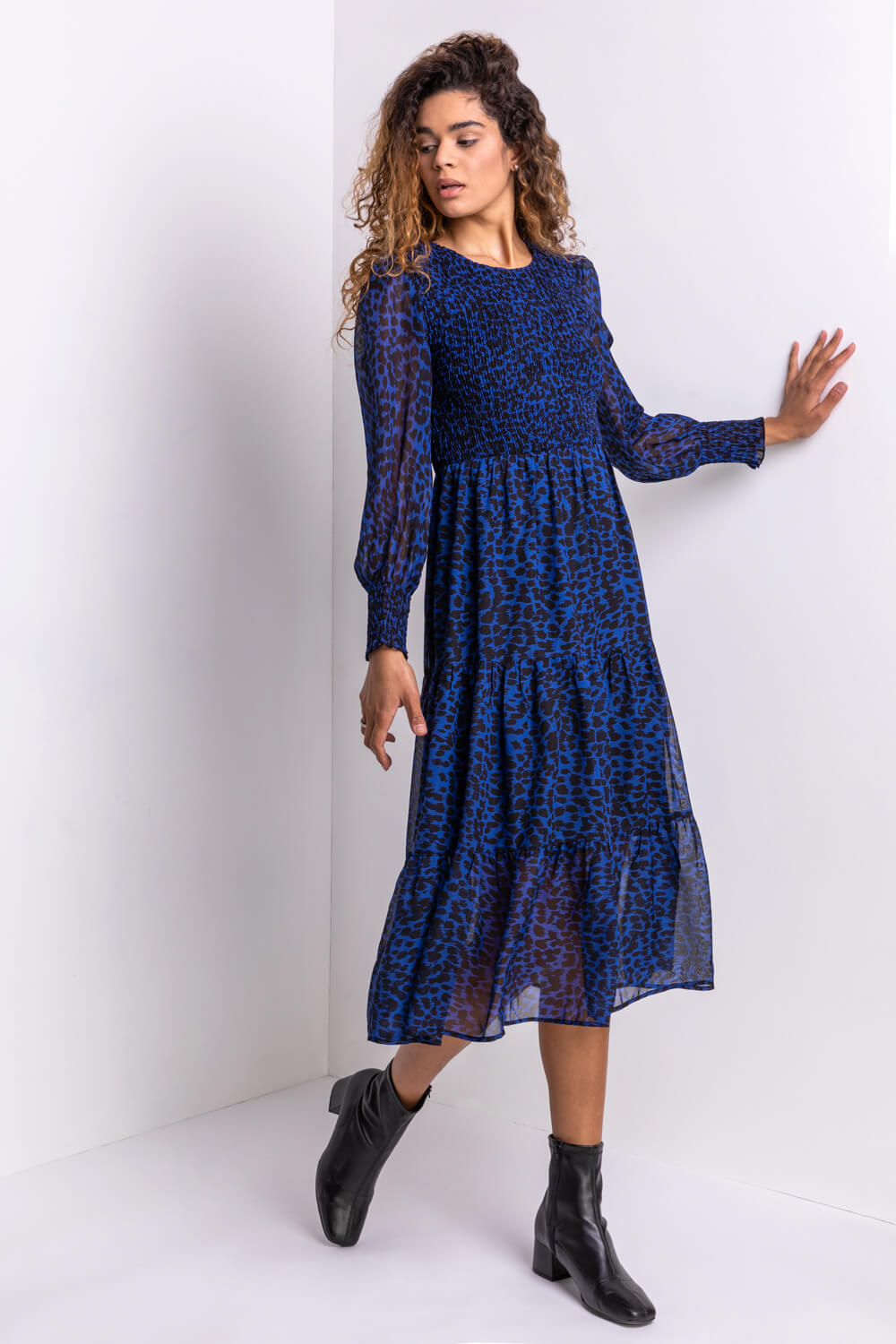 Blue Animal Print Stretch Bodice Dress, Image 3 of 5