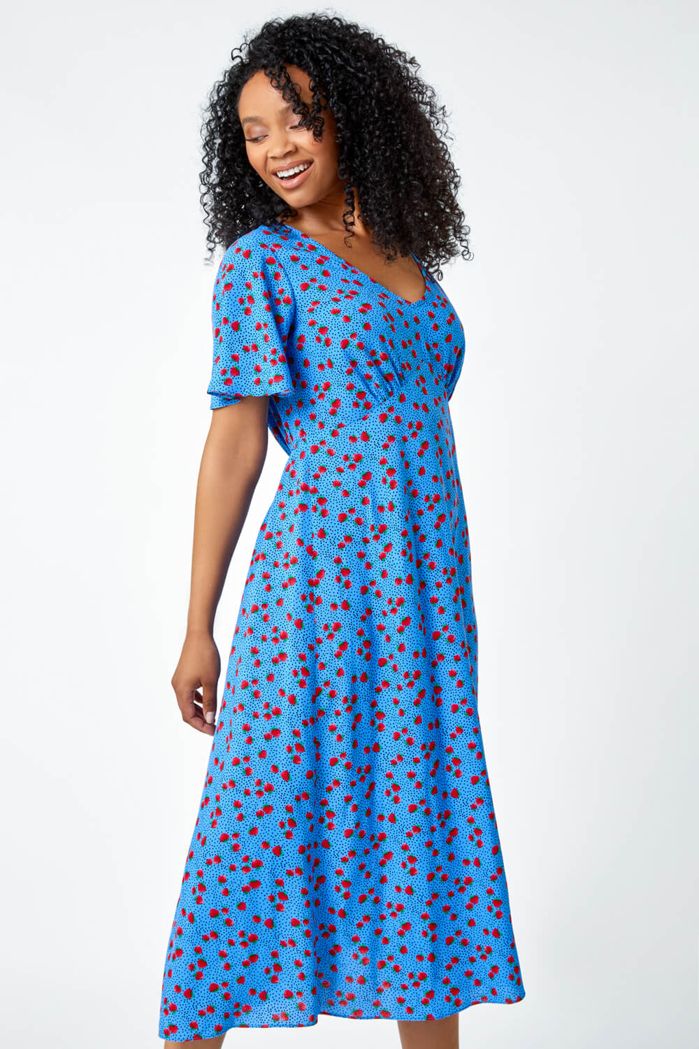 Blue Petite Strawberry Print Midi Tea Dress, Image 2 of 5