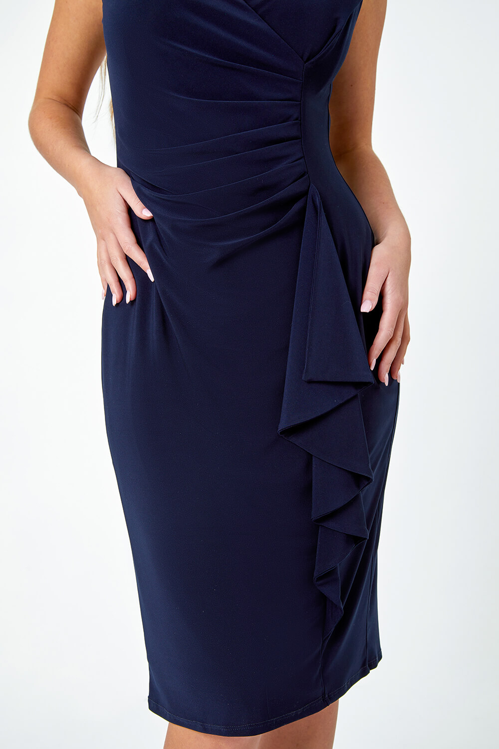 Navy  Petite Ruched Waterfall Stretch Dress, Image 5 of 5