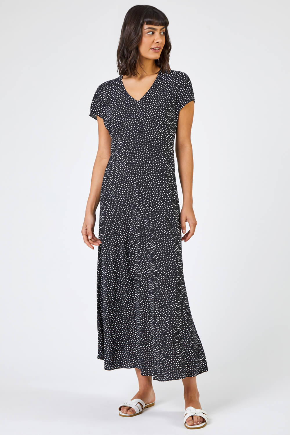 Black Spot Print Fit & Flare Midi Dress, Image 3 of 4