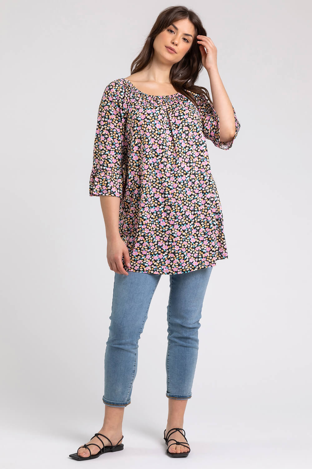 PINK Curve Ditsy Floral Frill Sleeve Top, Image 3 of 5