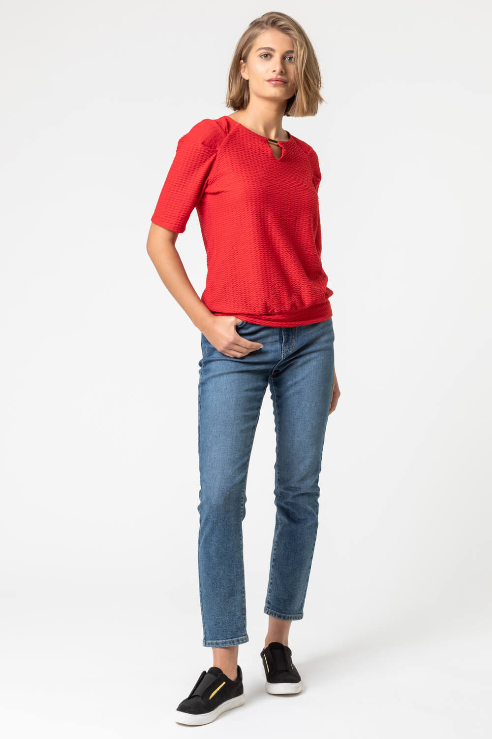 Red Keyhole Neck Textured Top, Image 3 of 4