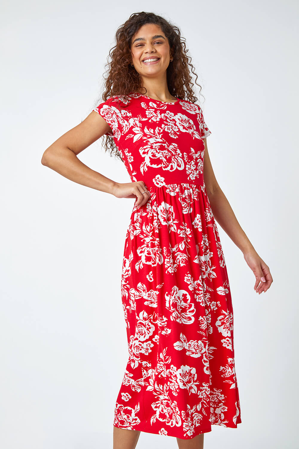 Red Floral Print Midi Stretch Dress, Image 2 of 5