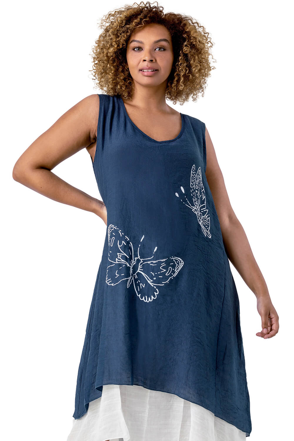 Navy  Curve Butterfly Print Layered Dress, Image 4 of 4