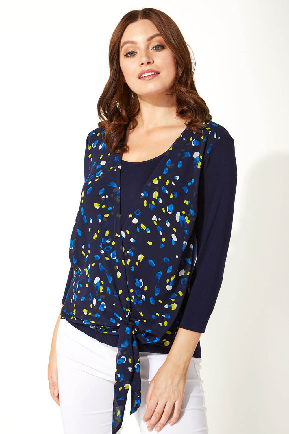 Wrap Over Abstract Print Tie Top