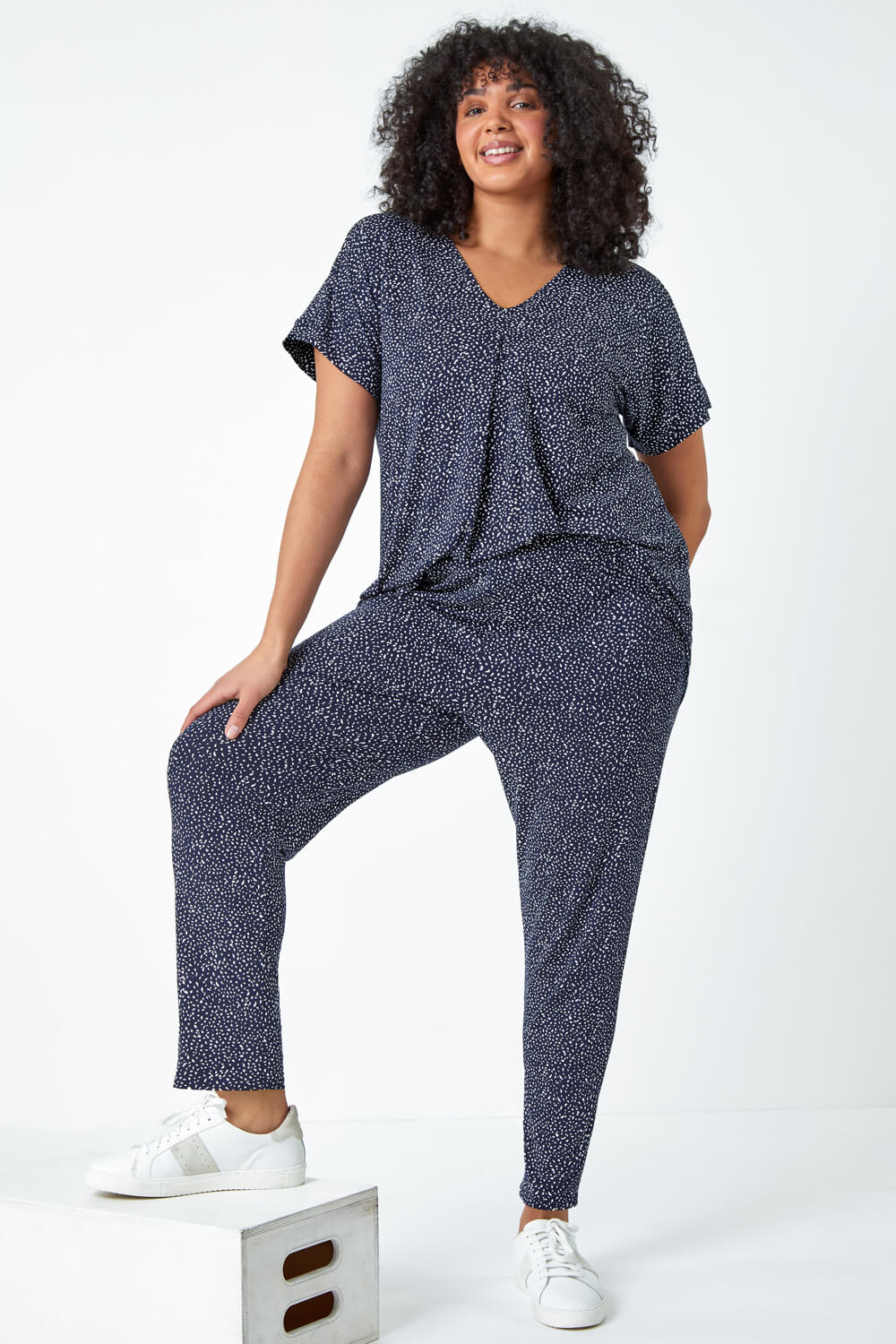 Navy  Curve Ditsy Spot Print Stretch Top, Image 6 of 6