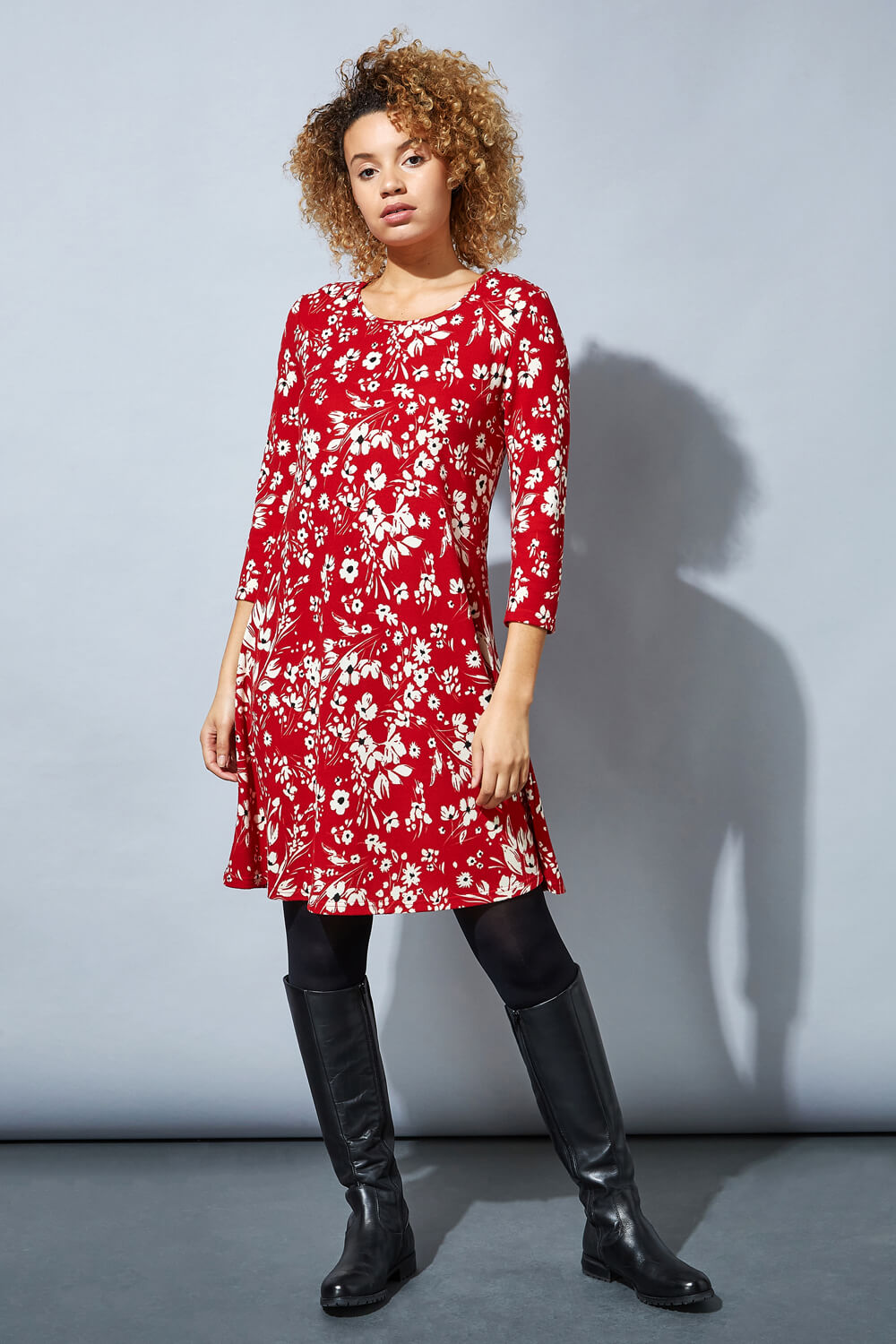 Red Floral Print Swing Dress, Image 2 of 4