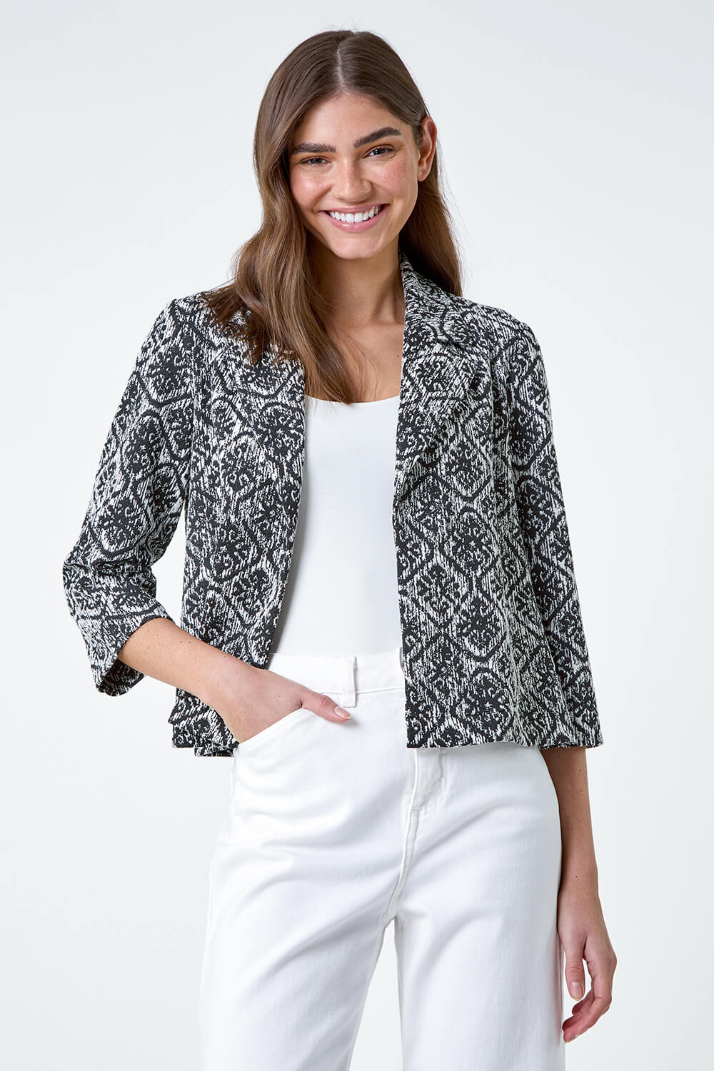 Black Geometric Textured Cotton Blend Jacket | Roman UK