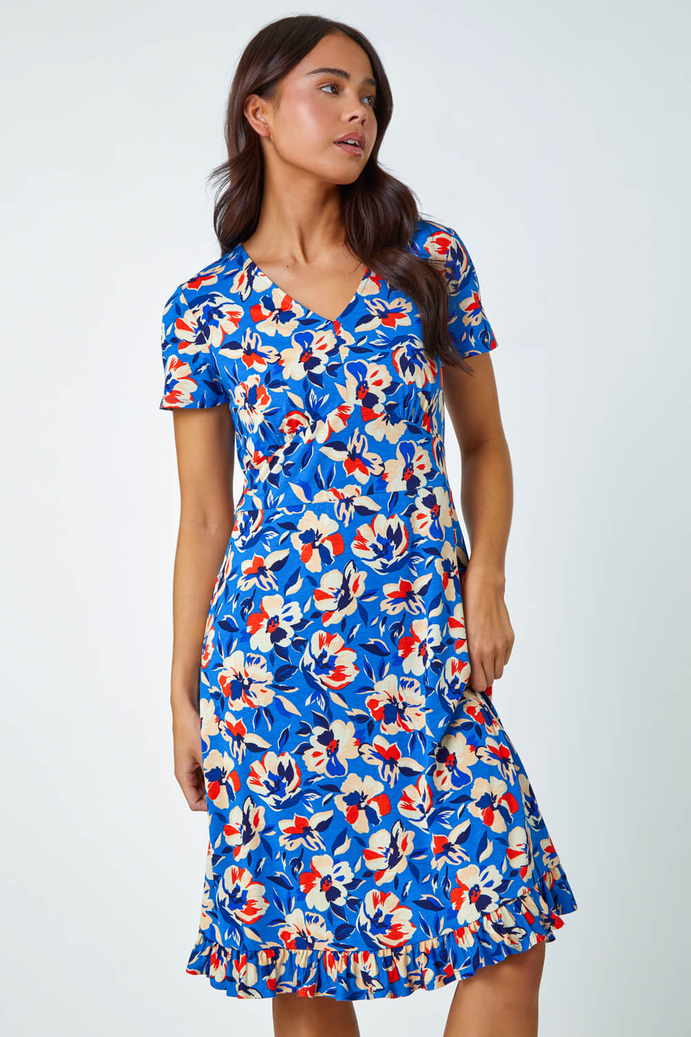 Turquoise Petite Floral Frill Hem Stretch Dress, Image 2 of 5