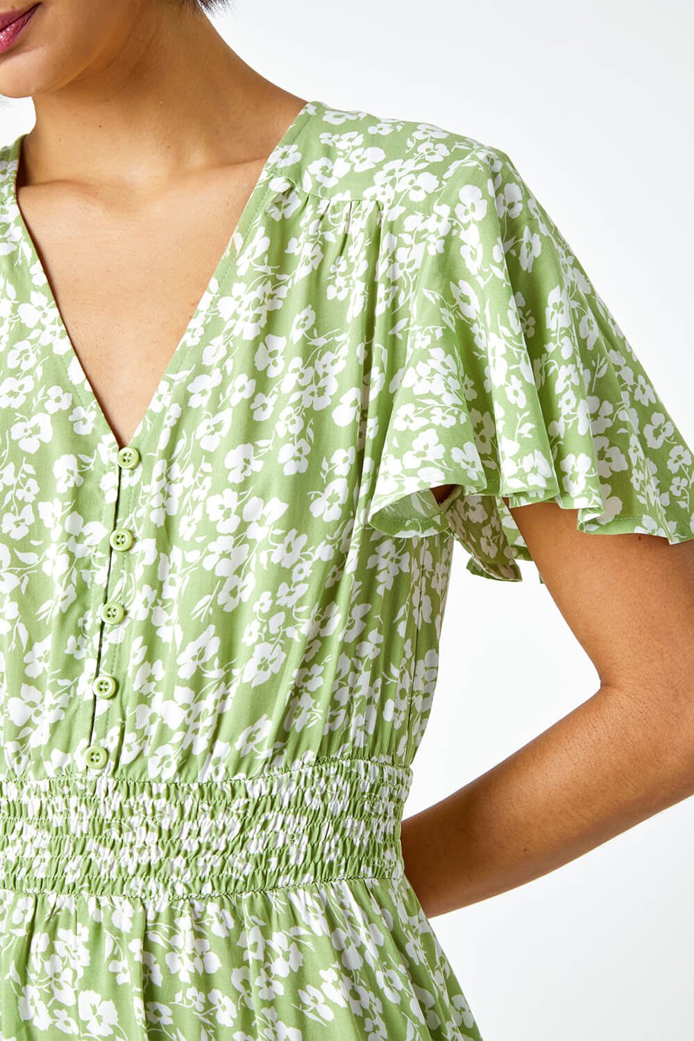 Green Floral Print Shirred Waist Midi Dress, Image 6 of 6