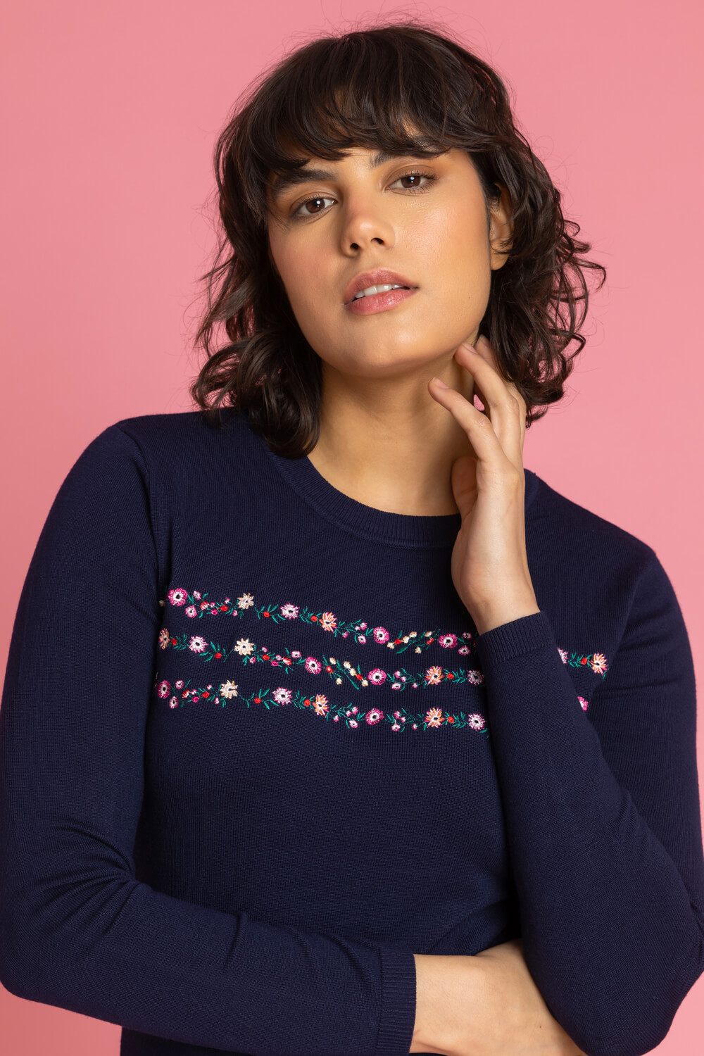 Navy  Ditsy Floral Embroidered Crew Neck Jumper, Image 4 of 5