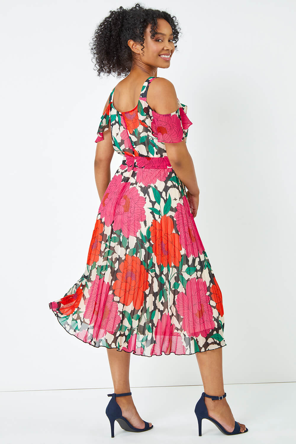 PINK Petite Floral Cold Shoulder Chiffon Midi Dress, Image 3 of 5