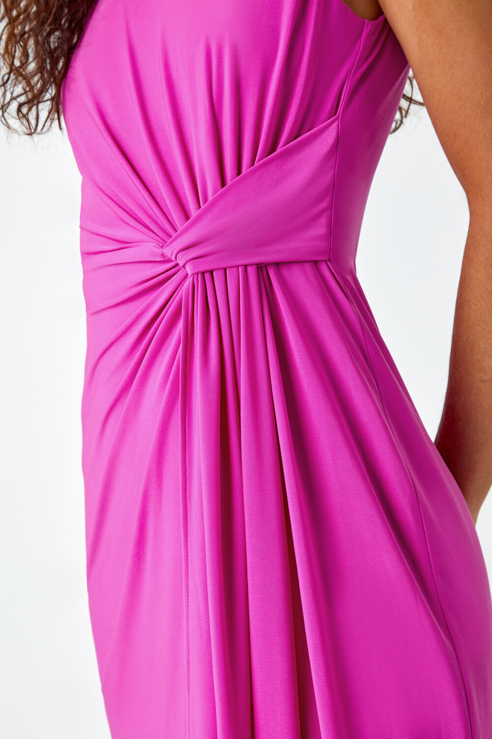 Fuchsia Sleeveless Twist Drape Stretch Ruched Dress, Image 7 of 7