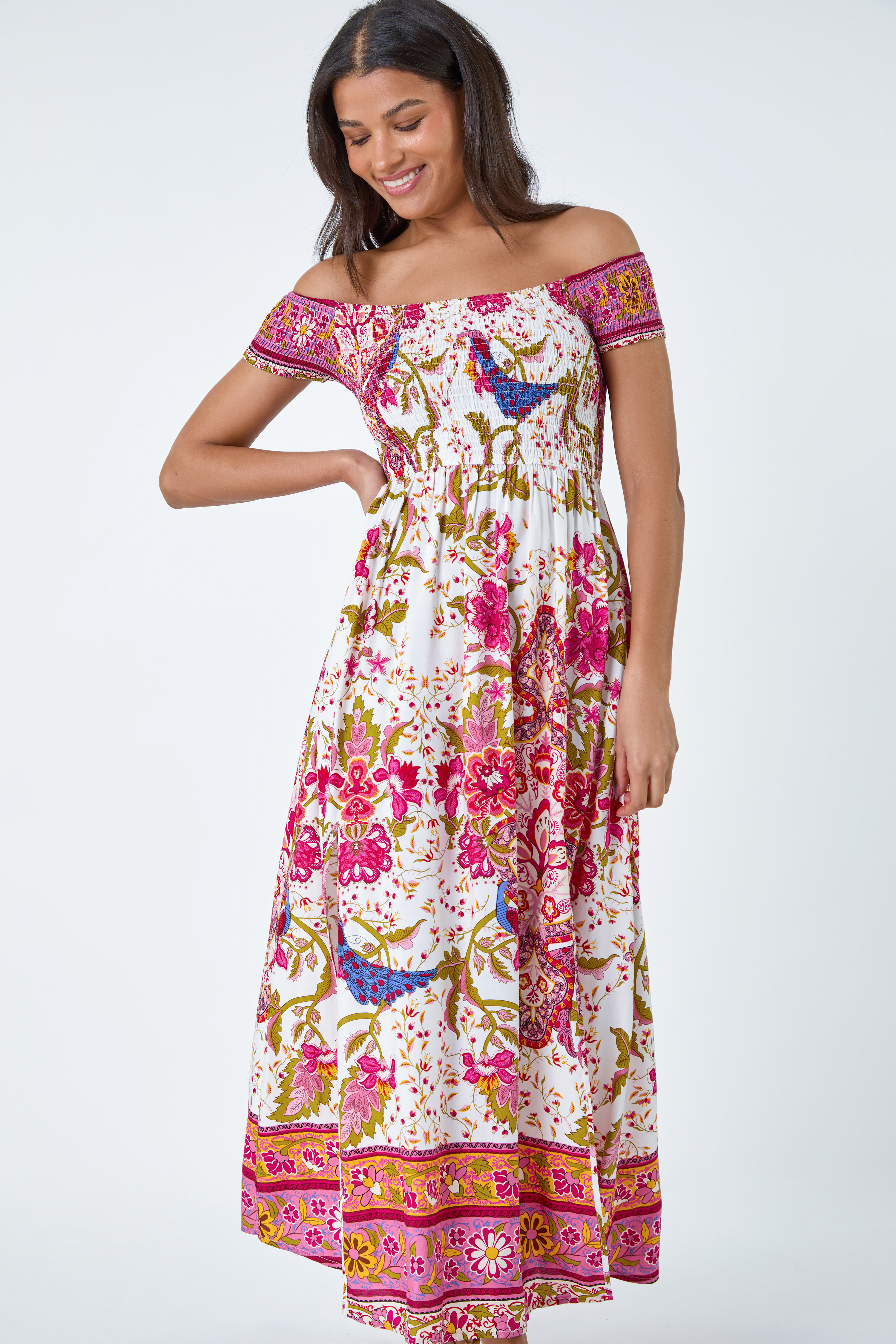 Fuchsia Paisley Shirred Bardot Maxi Dress, Image 4 of 5