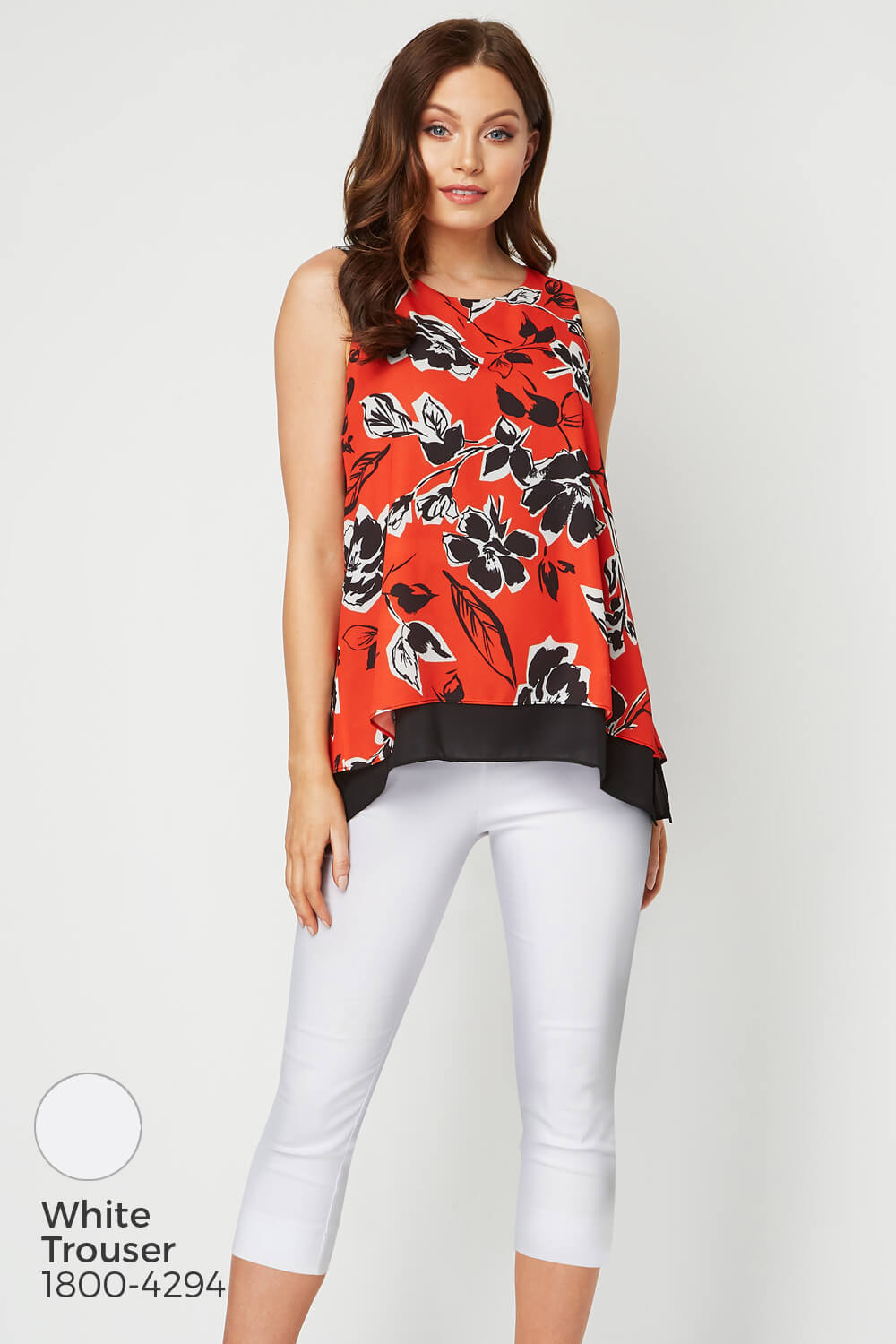Red Sleeveless Floral Contrast Top, Image 7 of 8
