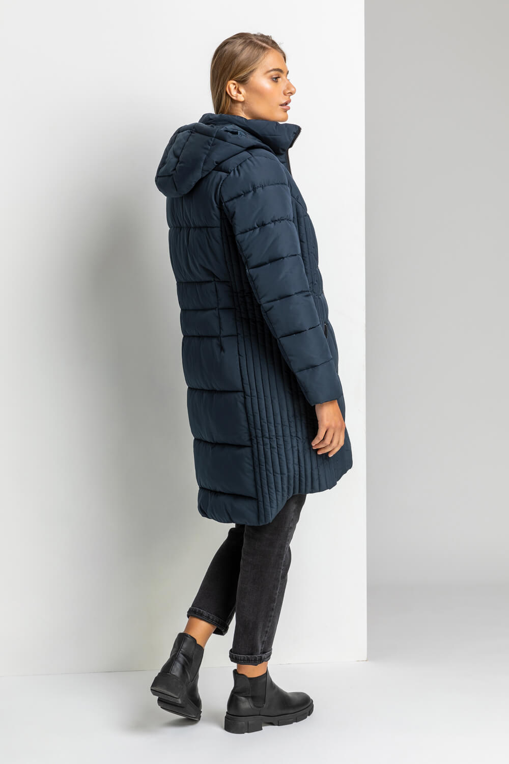 Navy  Quilted Longline Hooded Coat, Image 2 of 5