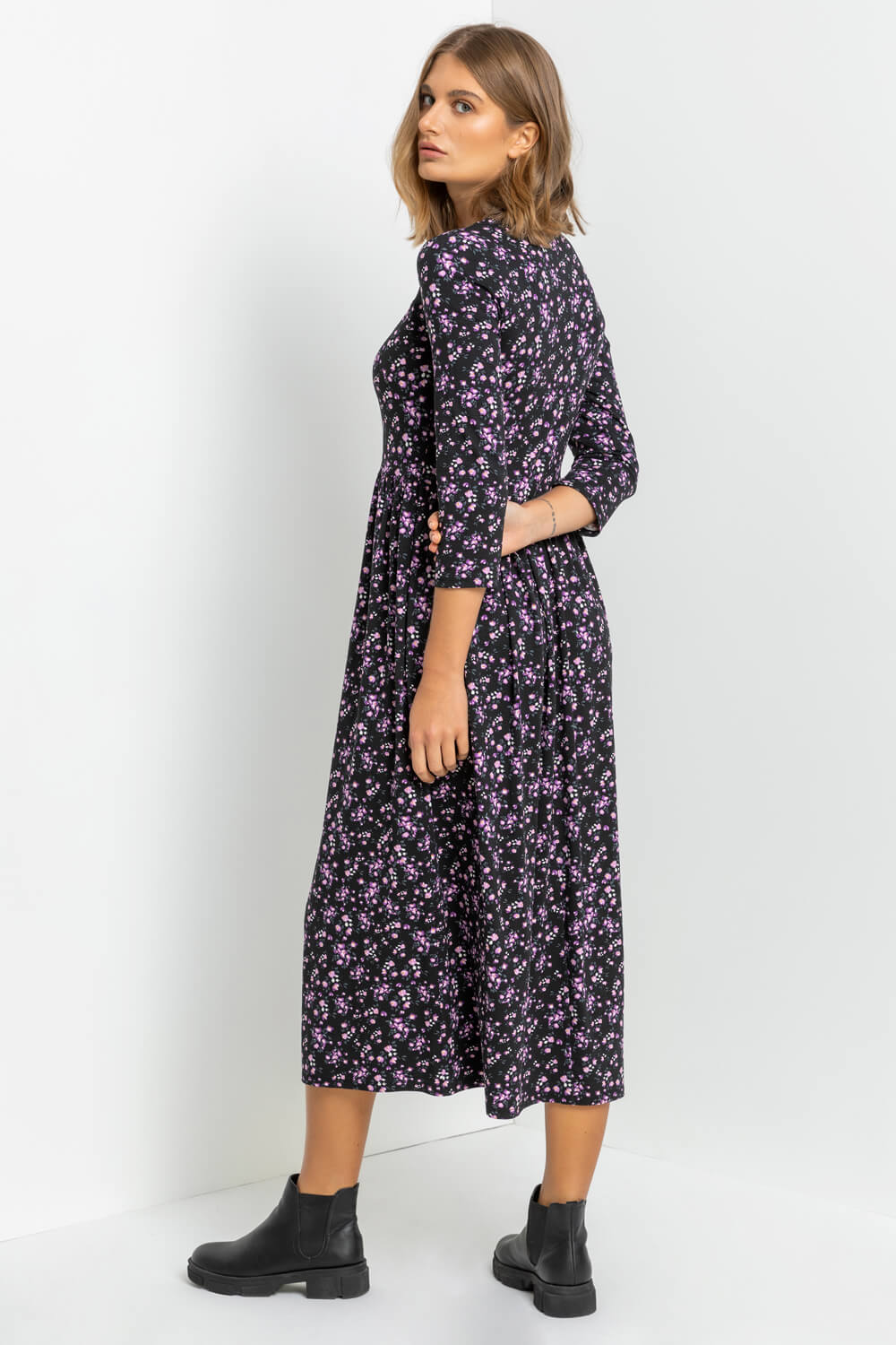 Purple Ditsy Floral Gathered Midi Dress, Image 2 of 4