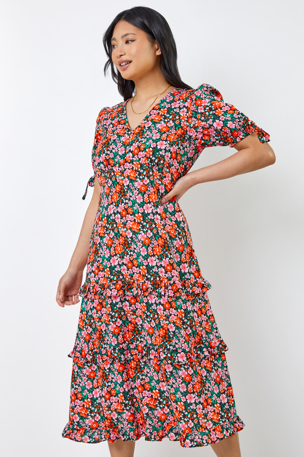 Petite Ditsy Floral Tiered Dress in Red | Roman UK