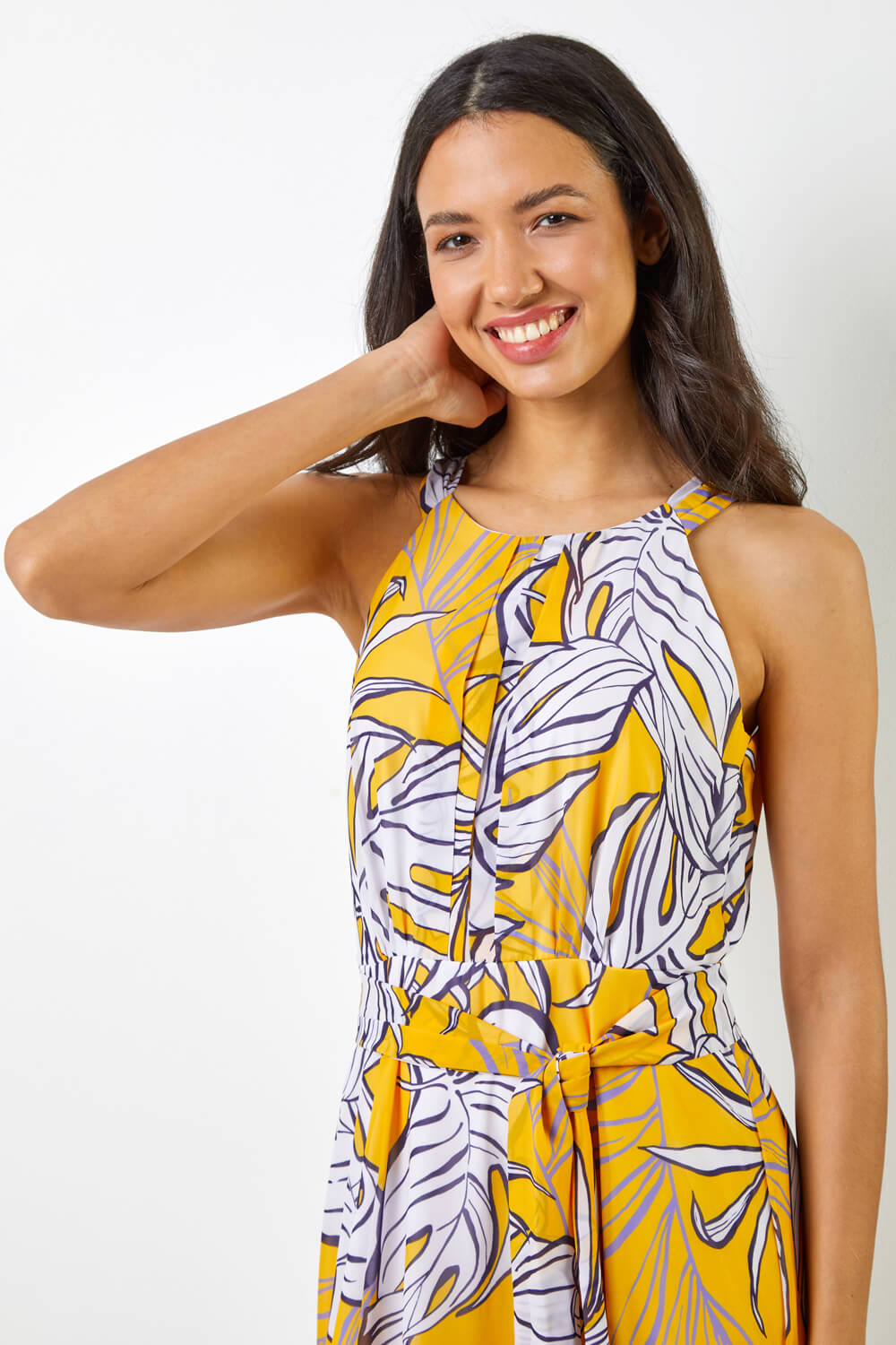 Yellow Tropical Leaf Print Maxi Dress, Image 4 of 5