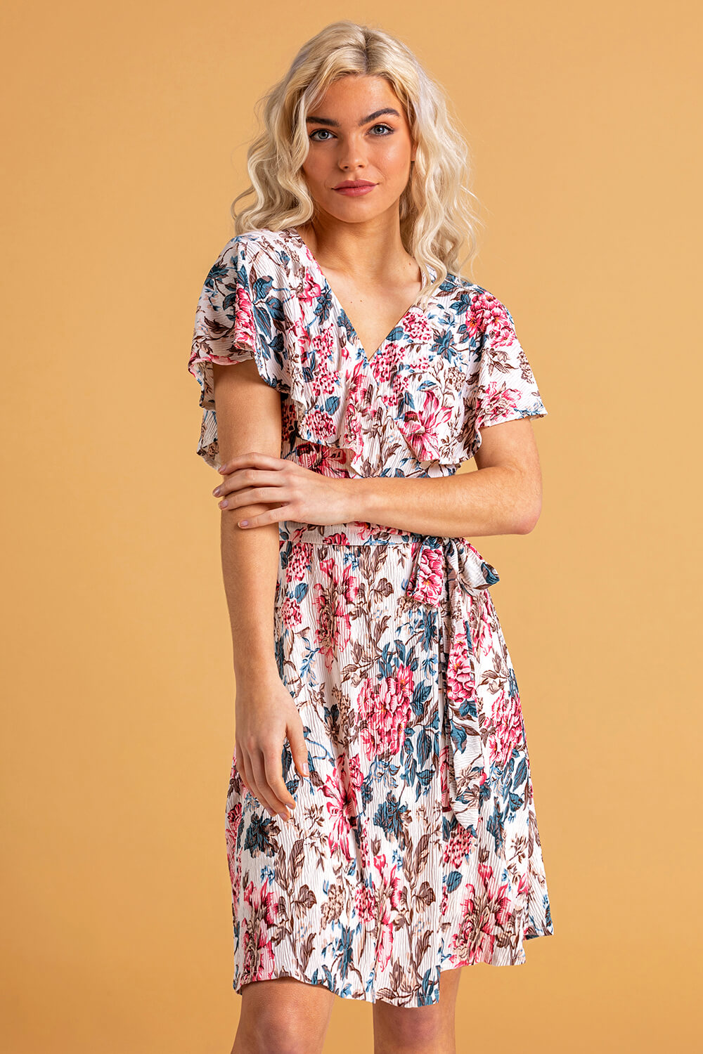 Ivory  Floral Frill Sleeve Belted Dress, Image 3 of 5