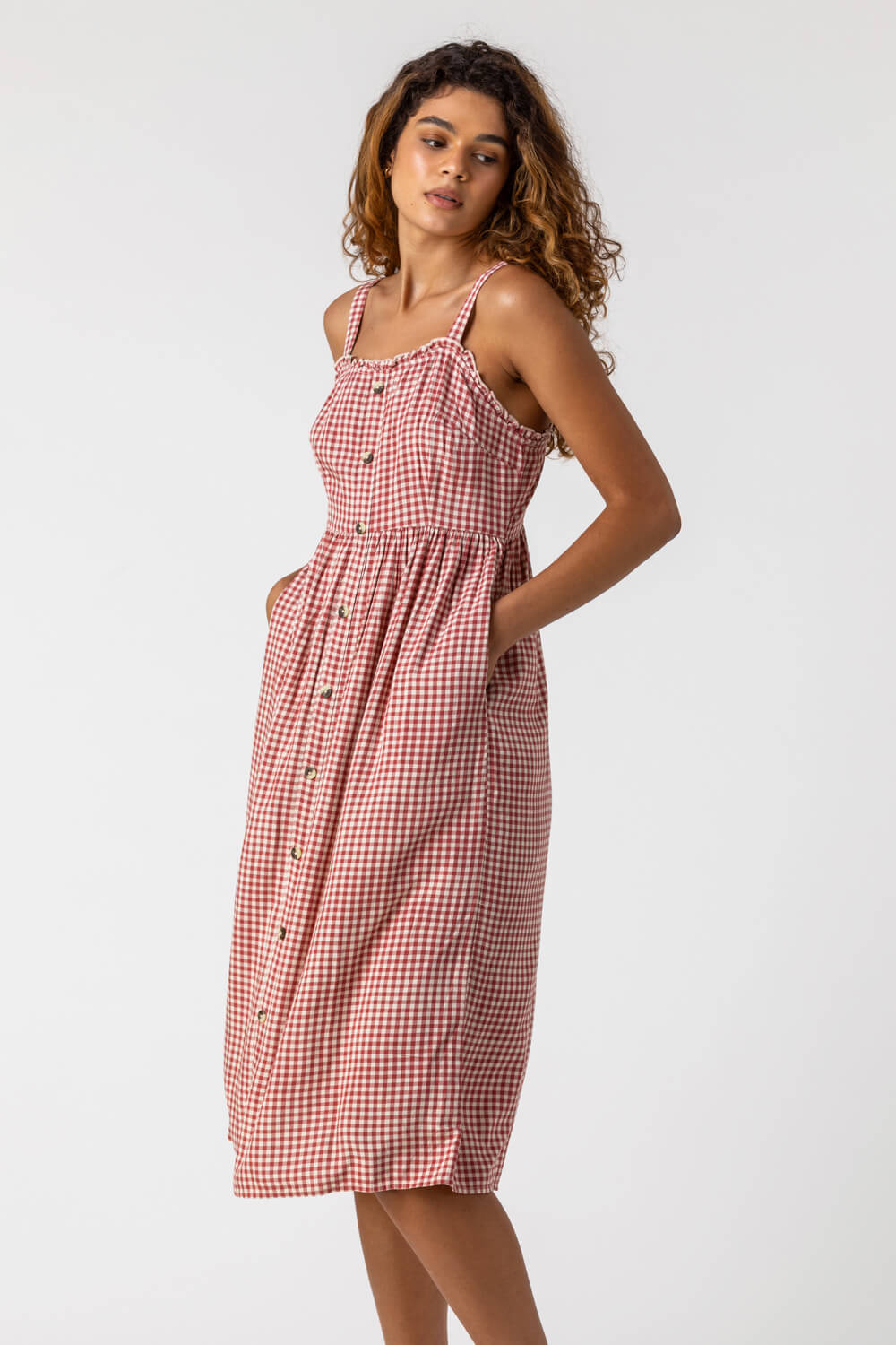 Red Gingham Print Button Down Sun Dress, Image 2 of 5