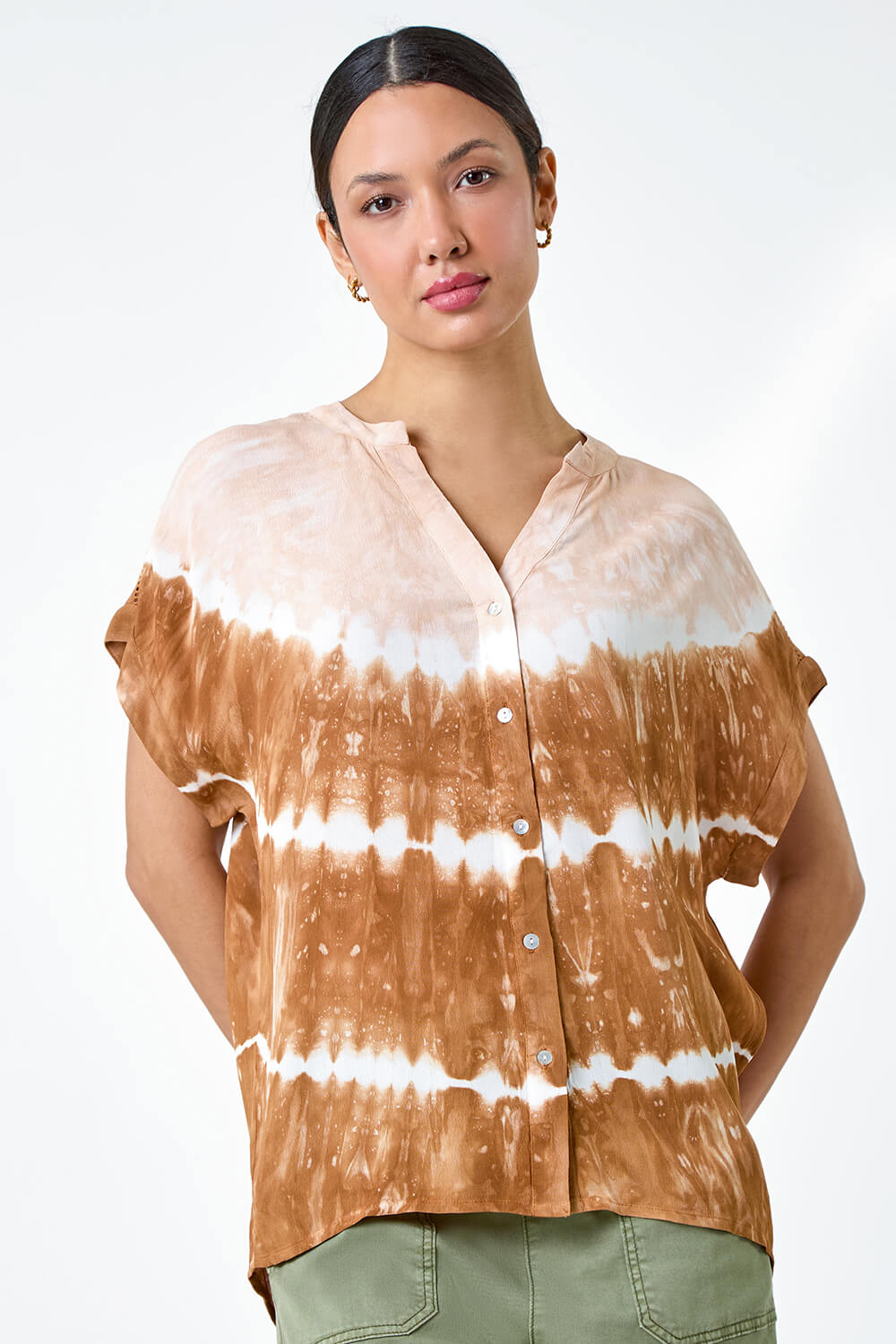Tan Tie Dye Print Relaxed Shirt, Image 4 of 5