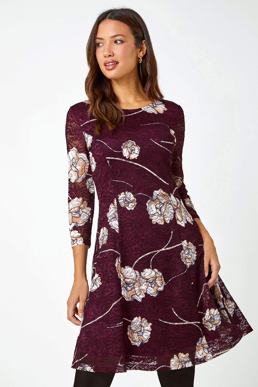 Wine Floral Lace Fit and Flare Dress