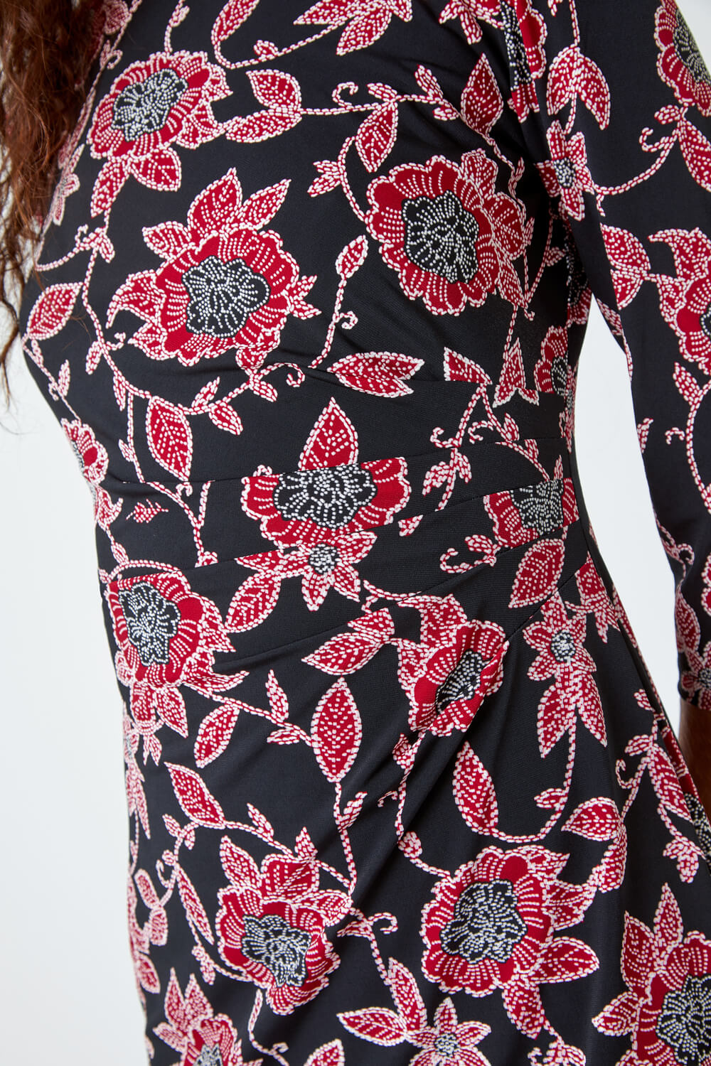Red Floral Print Ruched Waist Stretch Dress, Image 5 of 5