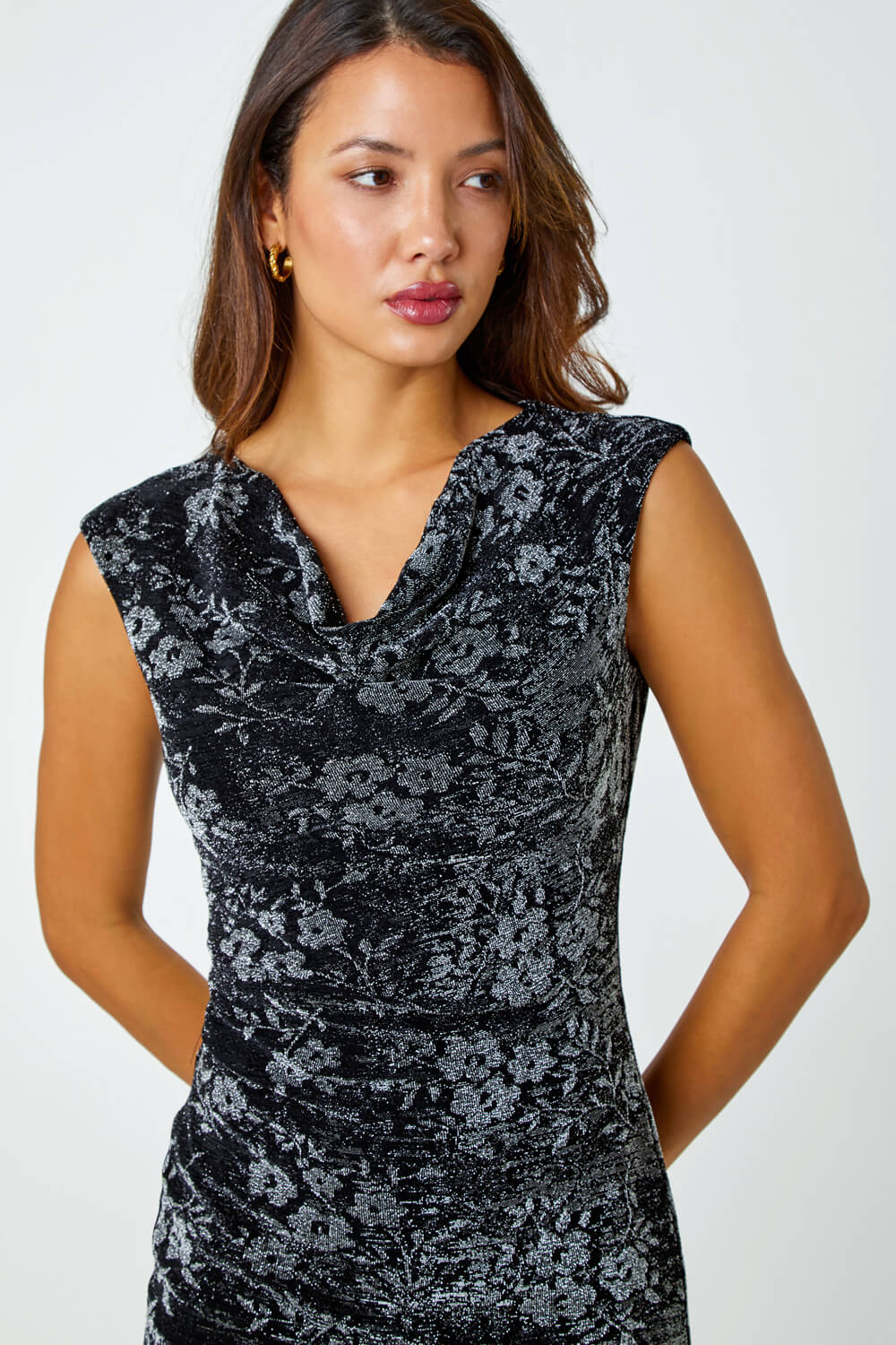 Silver Floral Print Cowl Neck Stretch Dress, Image 4 of 5